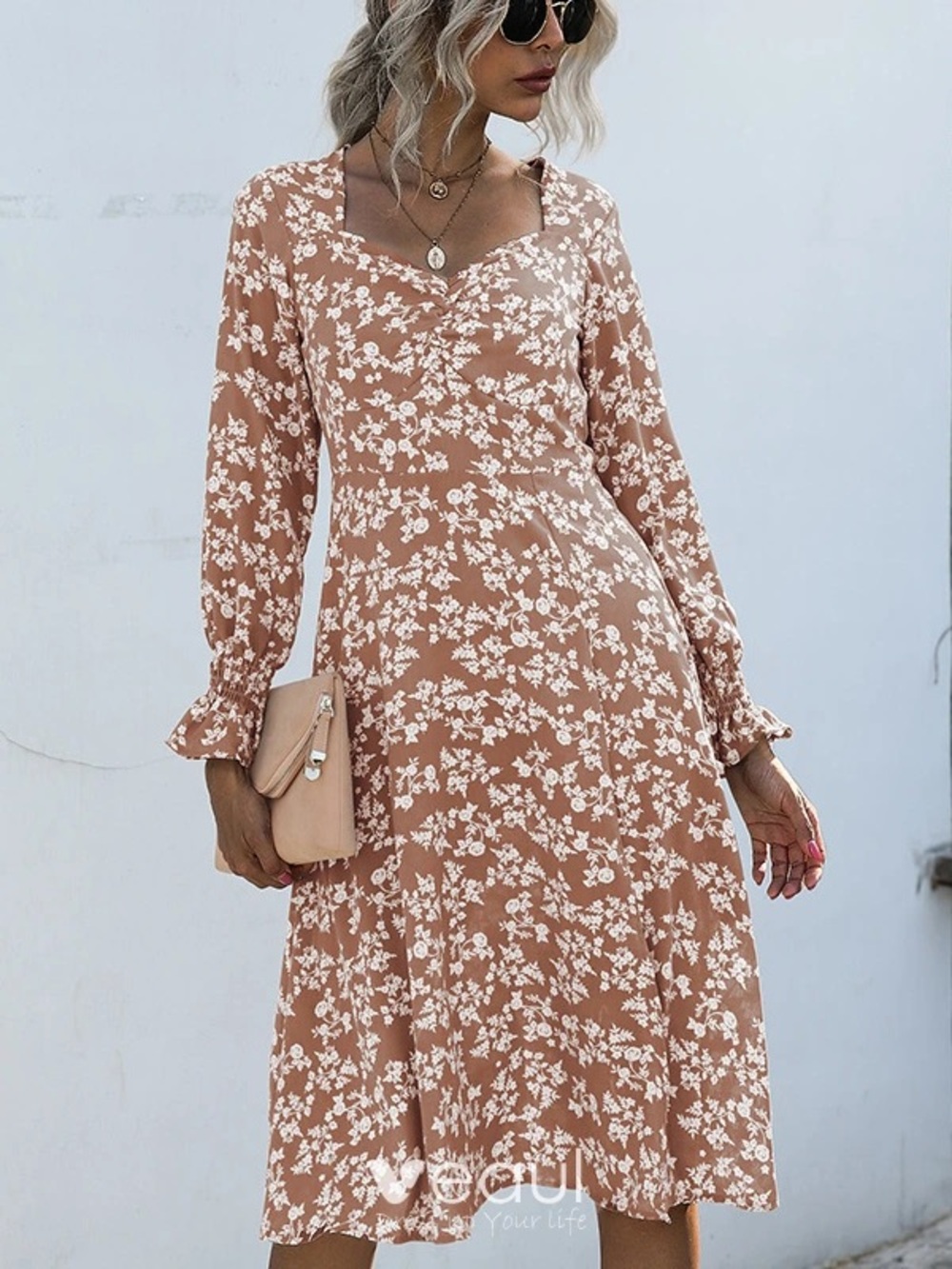 Women's Dusty Rose Floral Long-Sleeve Midi Dress